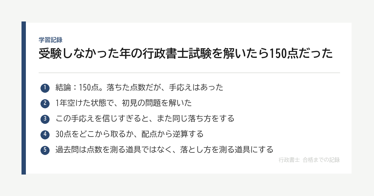 受験しなかった年の行政書士試験を解いたら150点だった｜合格点まで30点、記憶は思ったより落ちていない の要点