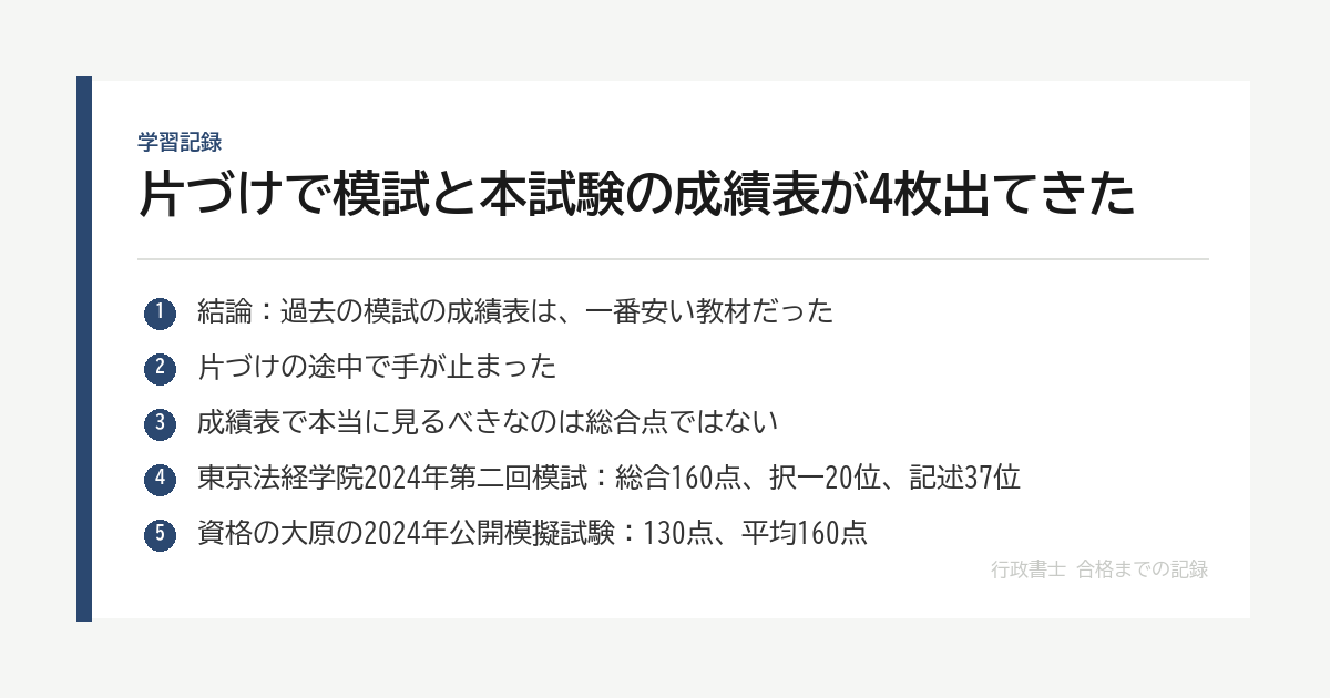 片づけで模試と本試験の成績表が4枚出てきた｜「あと3問」の正体は、択一の3問ではなかった の要点