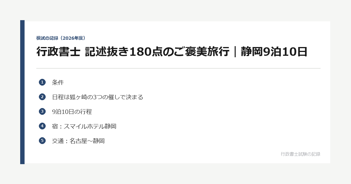 行政書士 記述抜き180点のご褒美旅行｜静岡9泊10日